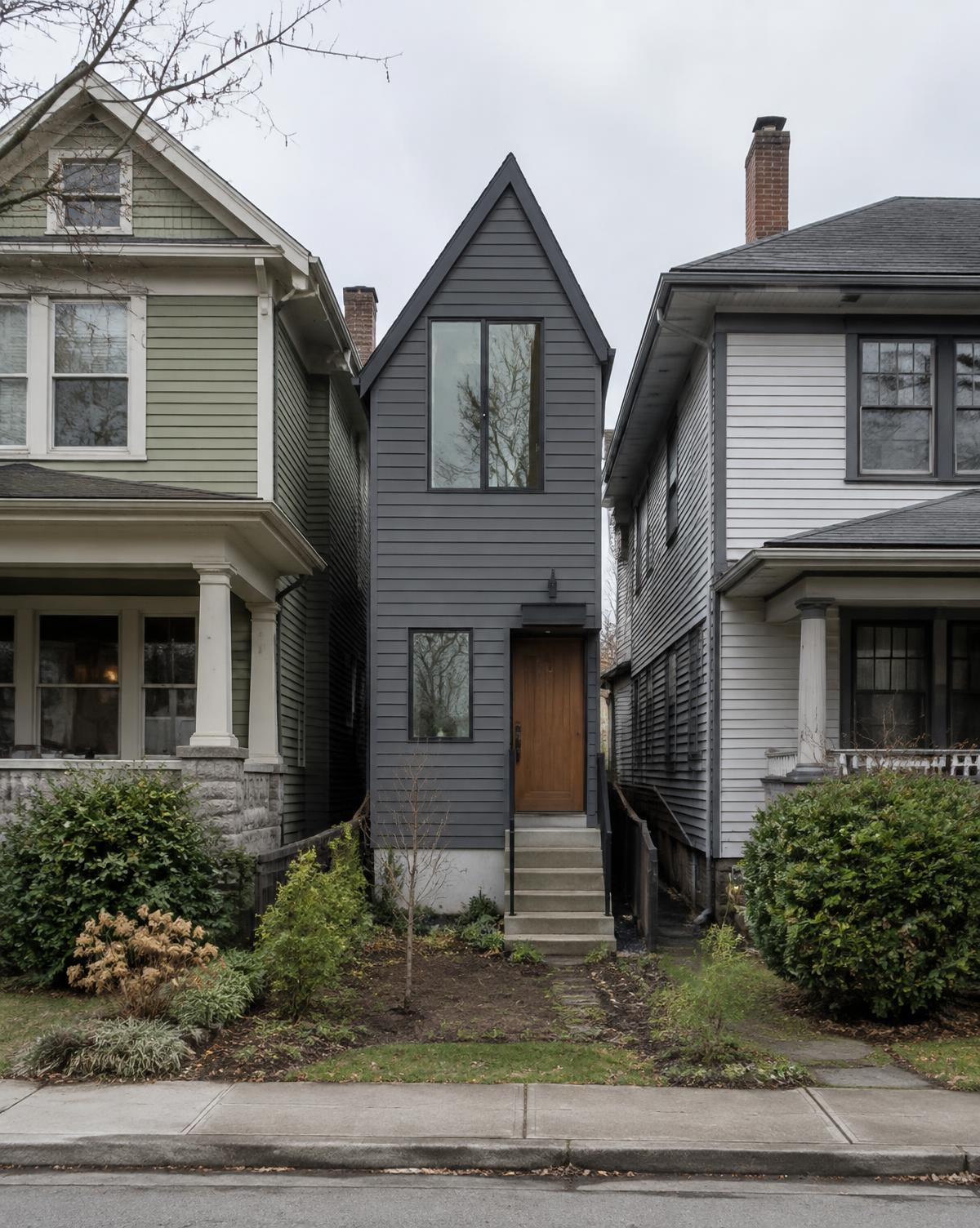 A narrow modern infill house between two older homes