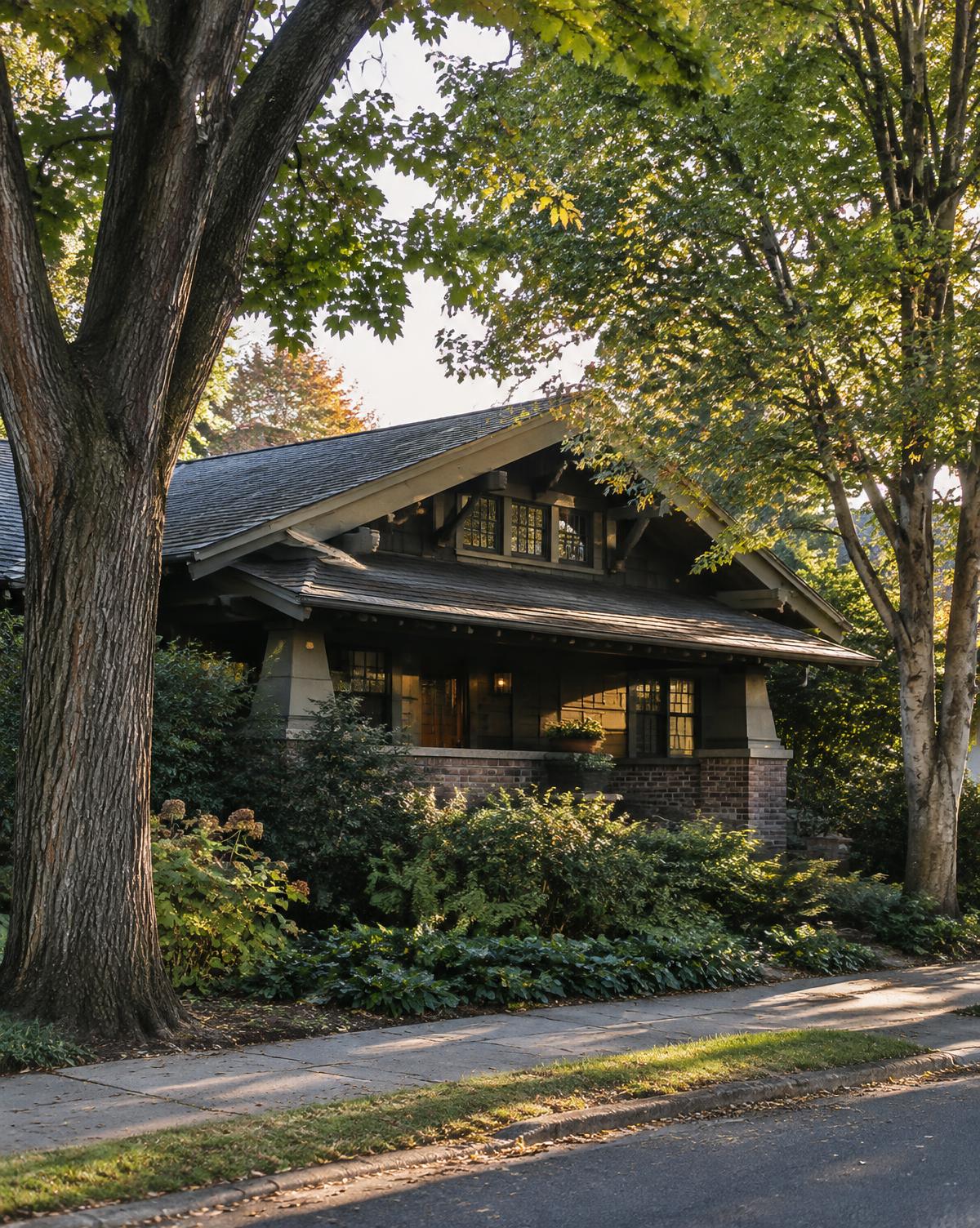 A craftsman house with a low roofline behind tall trees