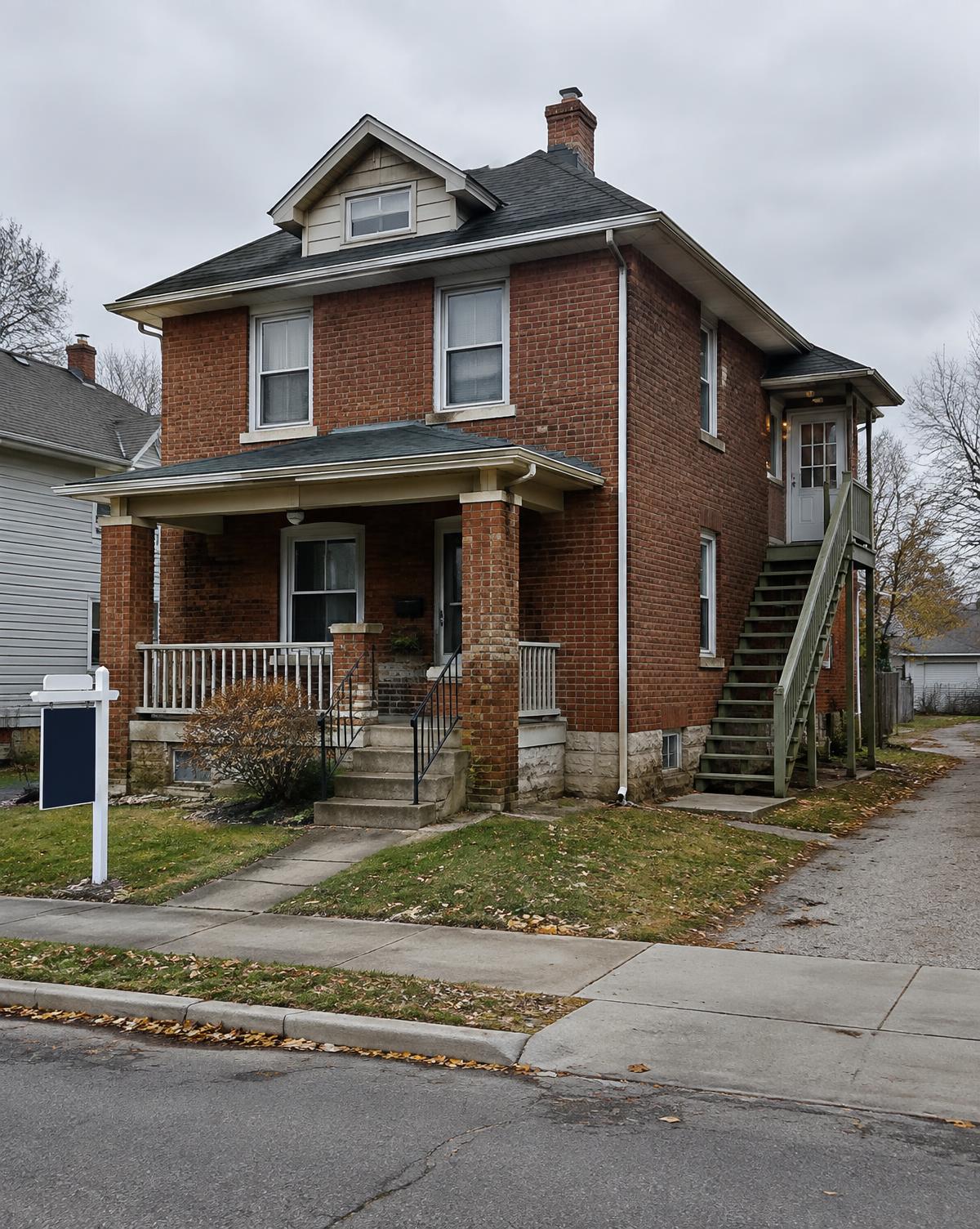 A brick house with a separate side entrance and exterior stairs
