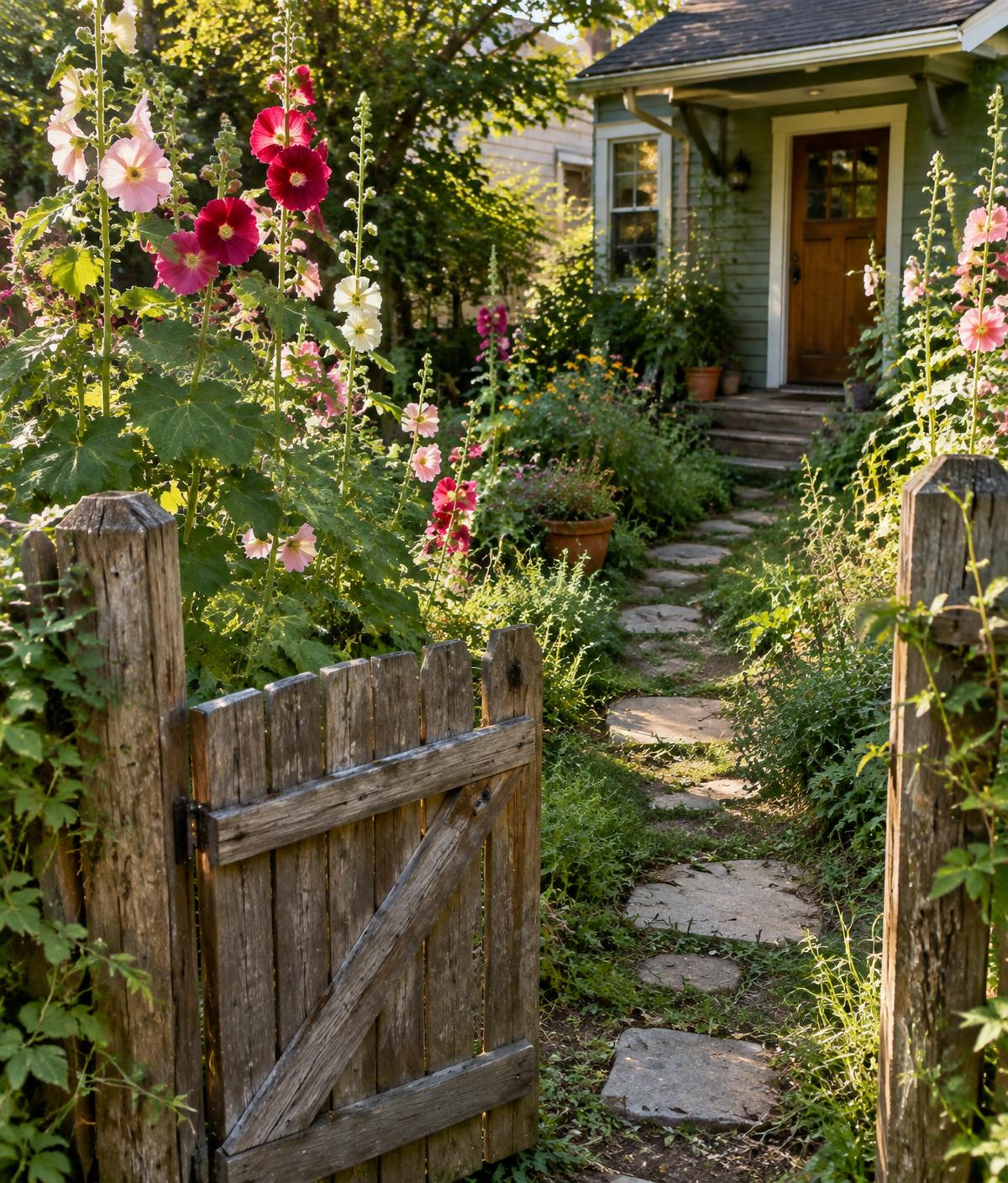 A front garden gone slightly wild with hollyhocks and a wooden gate